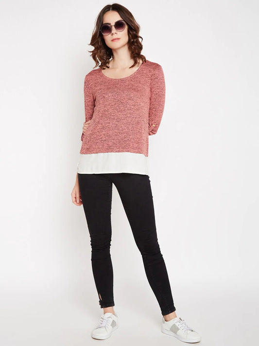 BeIndi Women Pink Self Design flat  Knitted Top