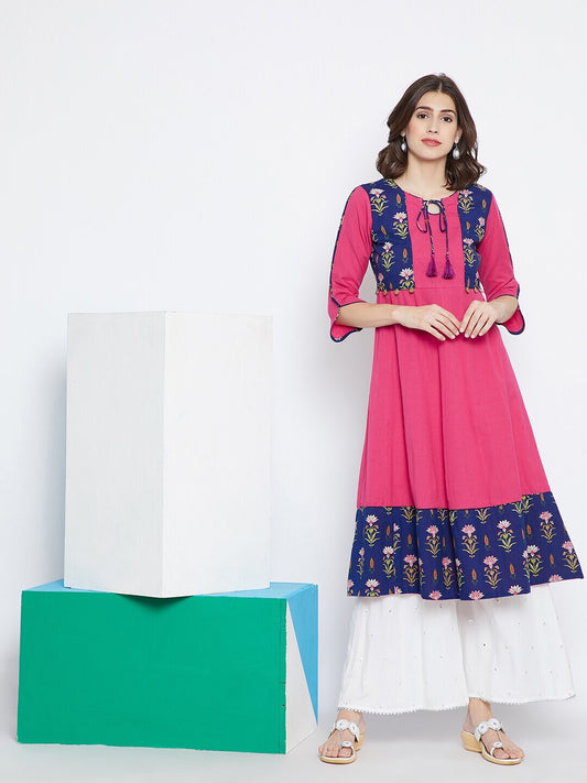 BeIndi Women Pink & Blue Printed Anarkali Kurta