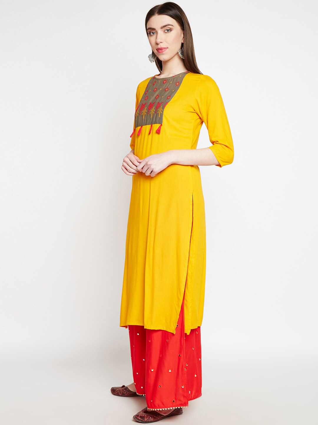 Be Indi Women Yellow Embroidered Straight Kurta