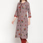 Be Indi Women Grey Red Floral Foil Printed Mirror Placket Kurta with Pant