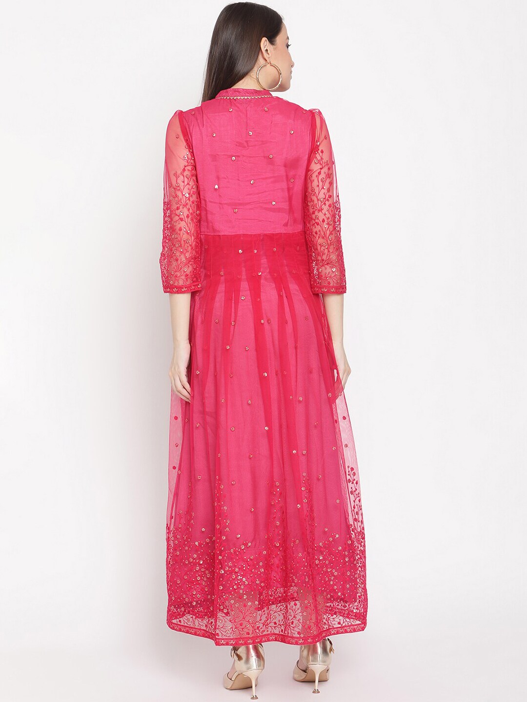 Women Pink Sequenced Net Maxi Dress