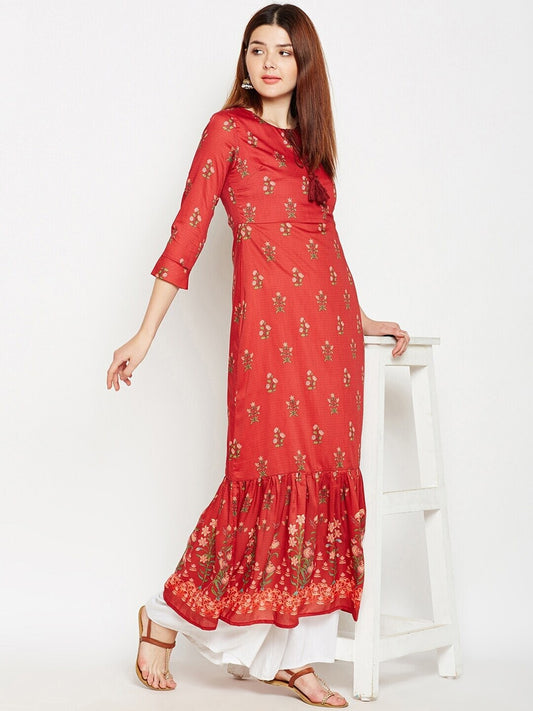Be Indi Women Red Floral Printed Cotton A-Line Kurta