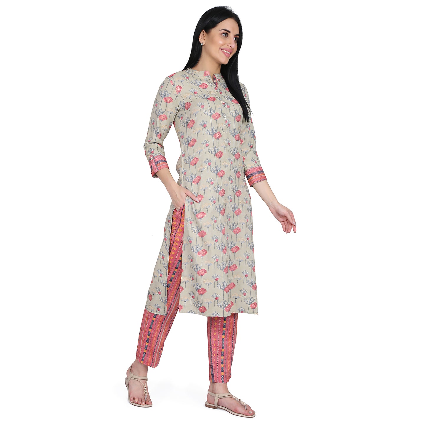 Be Indi Women Red Floral Printed Kurta with Trousers