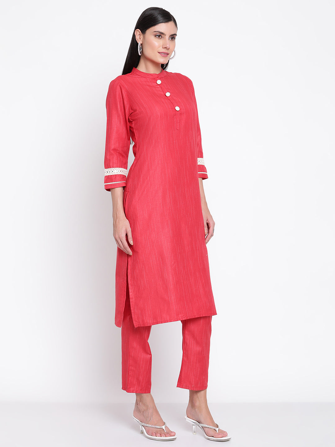 Be Indi Women Red Solid Mandarin Collar  Pure Cotton Kurta with Trousers