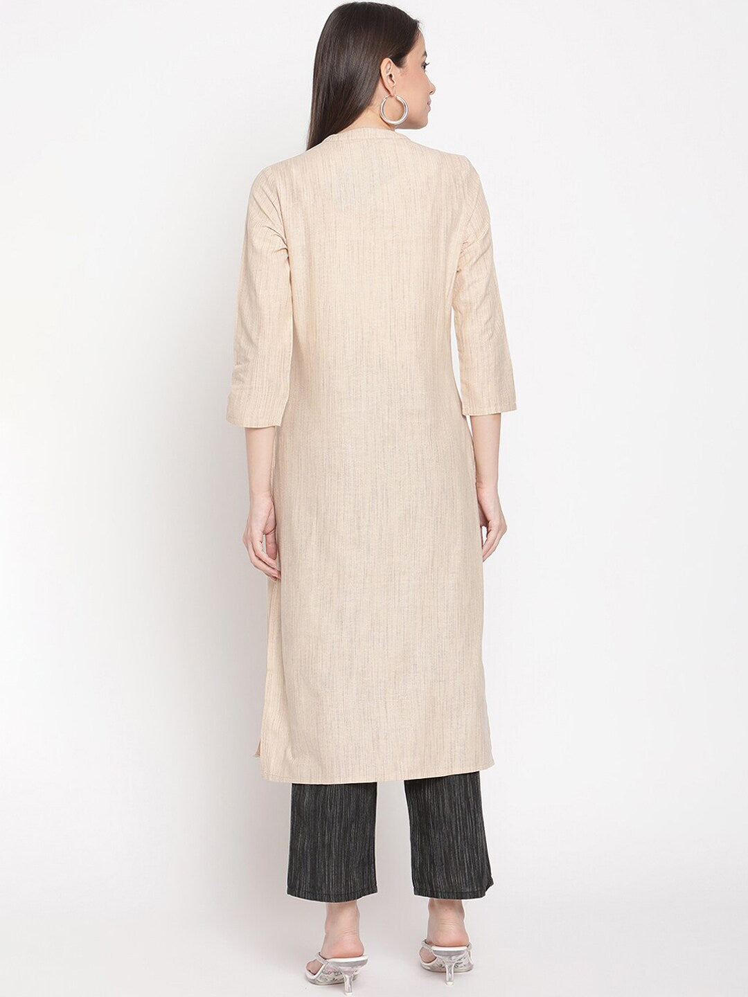 Be Indi Women Beige Panelled Thread Work Pure Cotton Kurta with Trousers
