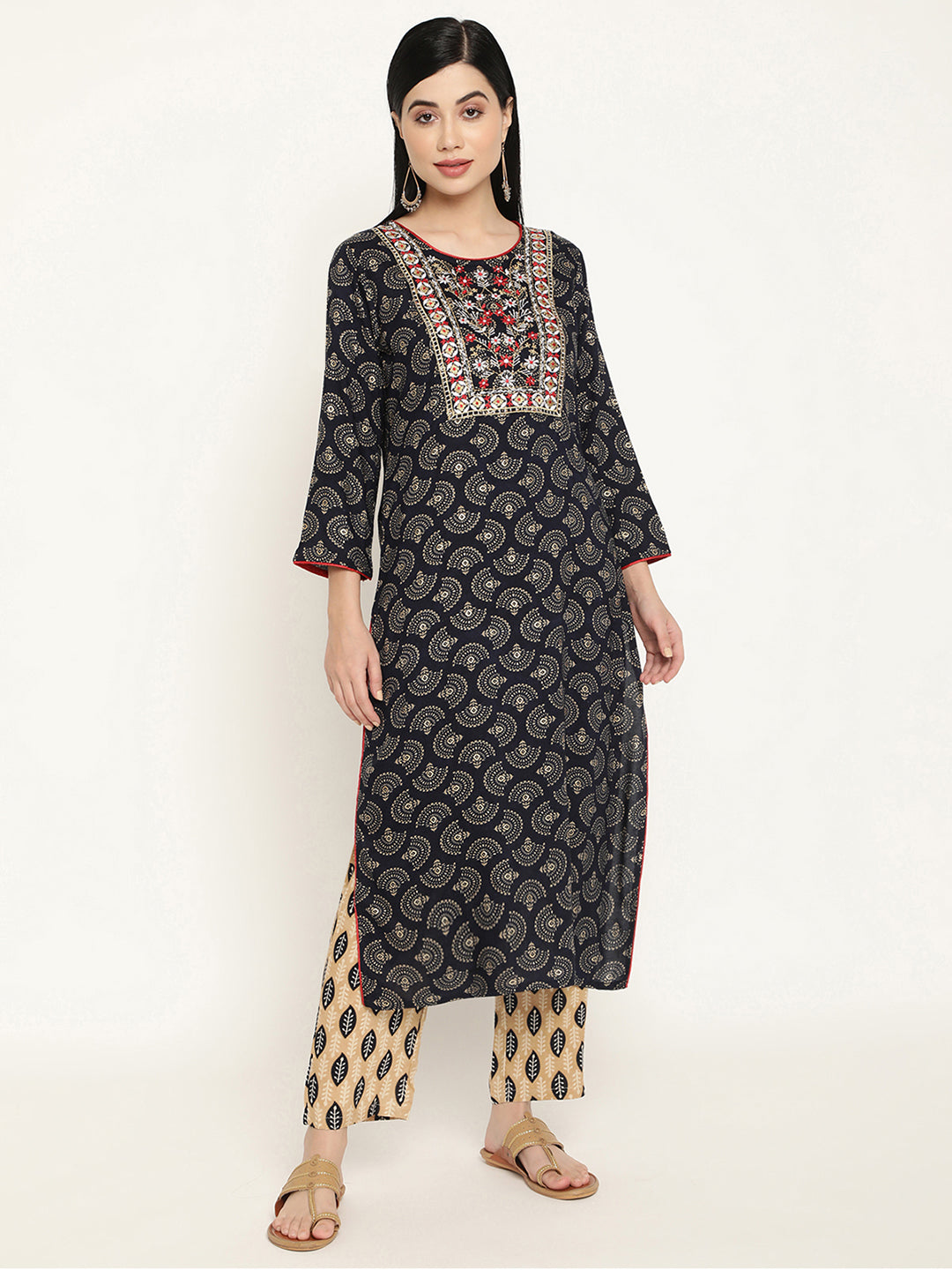 BeIndi Women's Navy Foil Printed Yoke Design Kurta With Thread & Zari Embroidered Yoke And Pant