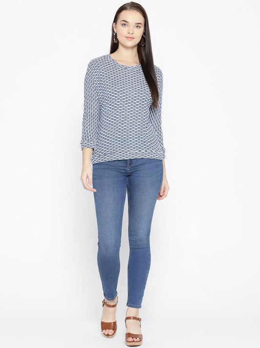 BeIndi Women Teal Blue & White Striped Flat Knit Top
