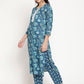Be Indi Women Blue Floral Embroidered Empire Pure Cotton Kurti with Trousers
