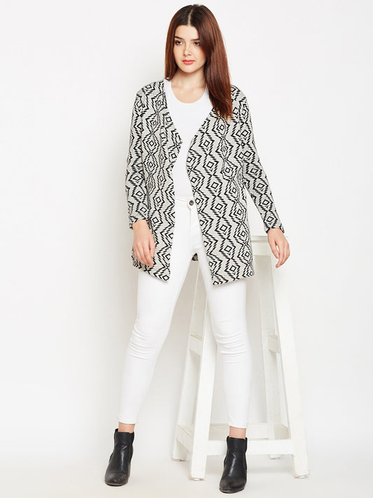 Be Indi Women White & Black Printed Monochrome Shrug