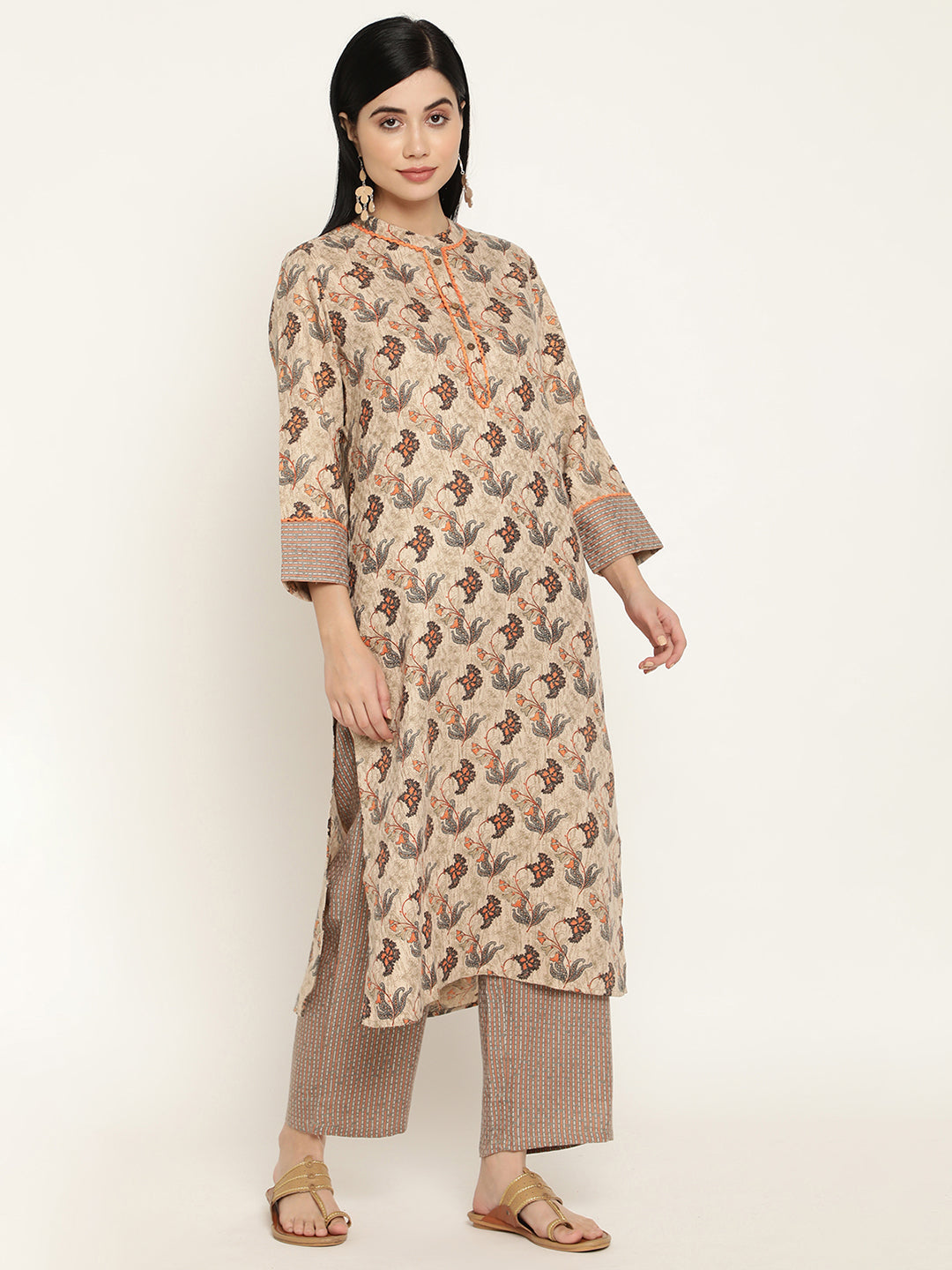BeIndi Women's Beige & Orange Printed Pashmina Mandarin Collar Kurta,Cuff & Lace Detailing And Pant