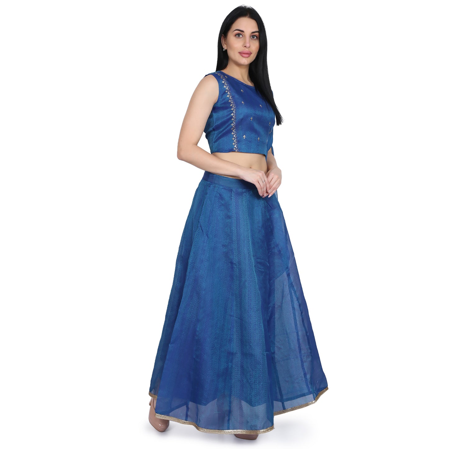 Be Indi Women Blue Self Design Kurti with Skirt