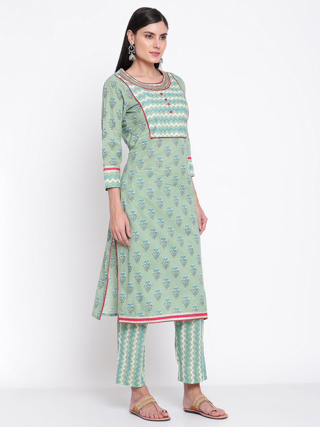 Be Indi Women Green Printed Lace Work Pure Cotton Kurta with Trousers & With Dupatta