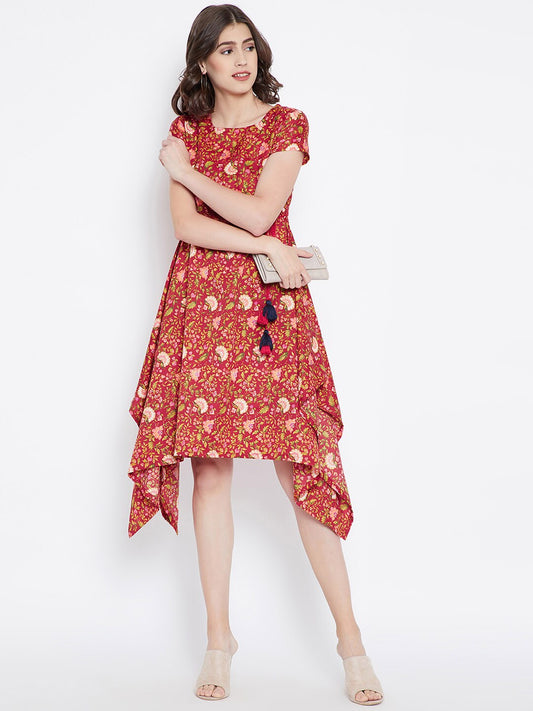 Be Indi Women Red Printed Fit and Flare Dress