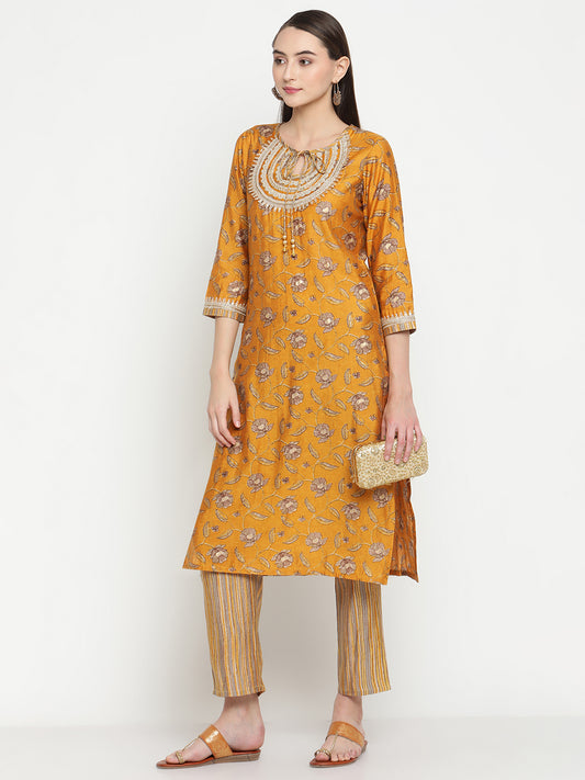 BeIndi Women Mustard Foil Floral Print Kurta Set