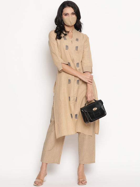 BeIndi Women Beige Embroidered Layered Pure Cotton Kurti With Trousers
