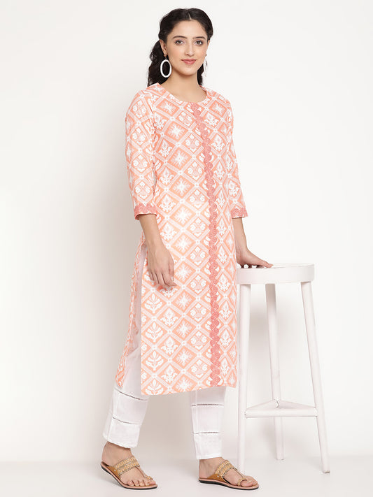 Be Indi Women Peach Whtie Printed Laser Cut work Fancy Lace Detailing Kurta