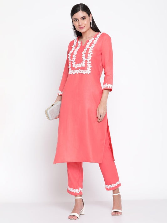 Be Indi Women Coral Yoke Design Lace Detailing Kurta with Trousers