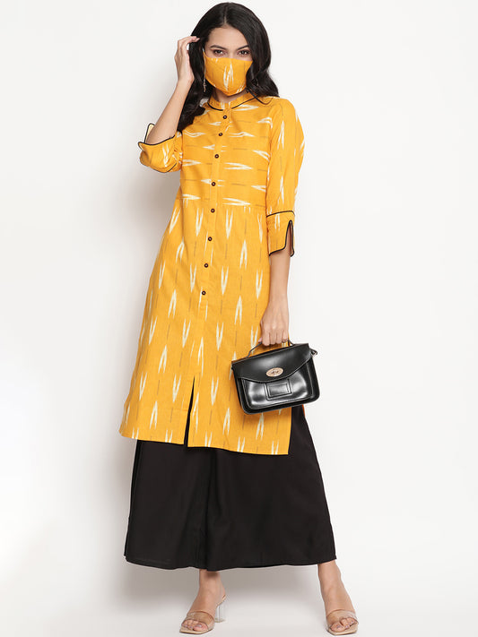 Be Indi Women Mustard Yellow & White Printed Flared Sleeves Cotton Kurta