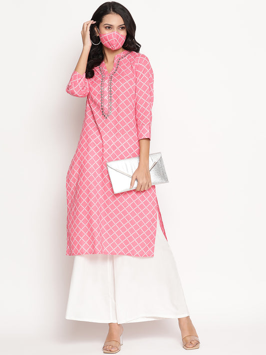 Be Indi Women Pink & White Geometric Printed Mirror Work Pastels Kurta
