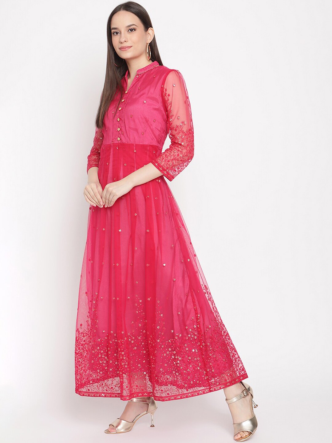 Women Pink Sequenced Net Maxi Dress