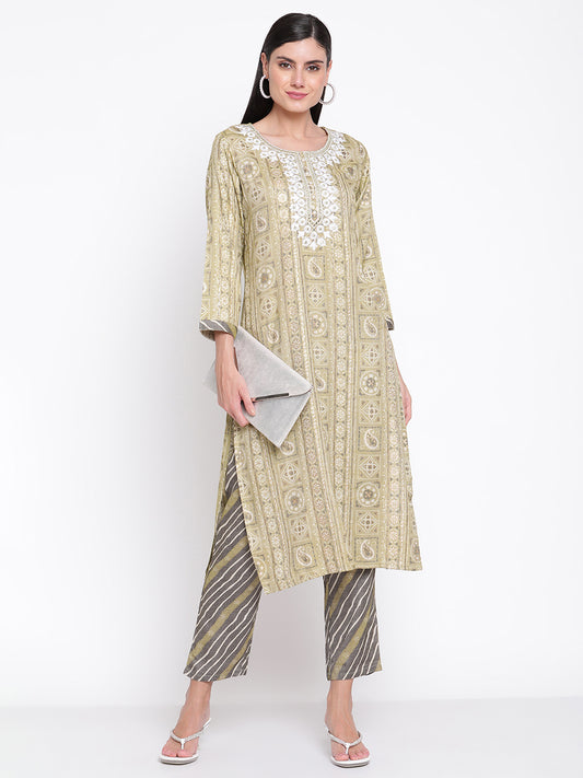 Be Indi Women Olive Green & White Embroidered Straight Kurta with Trousers