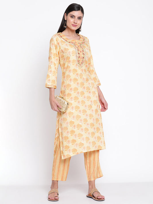 Be Indi Yellow Foil Printed With Fancy Mirror Work Lace Detailing kurta Set With Pant