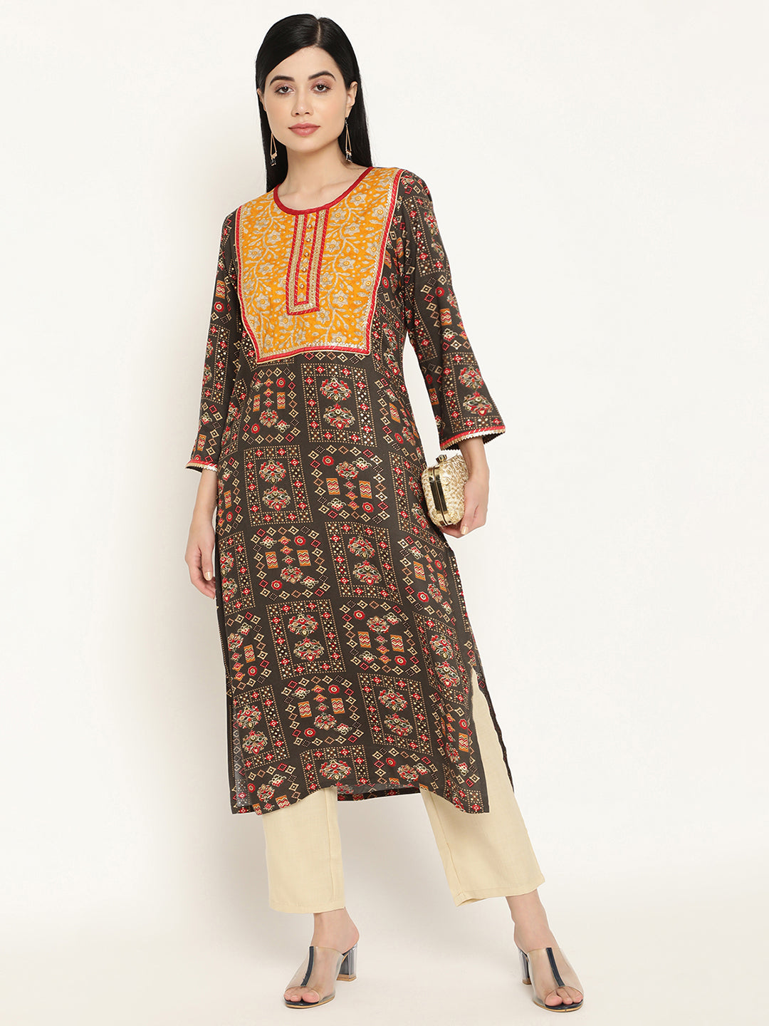 BeIndi Women's Olive Printed Kurta With Contrast Piping And Patched Yoke