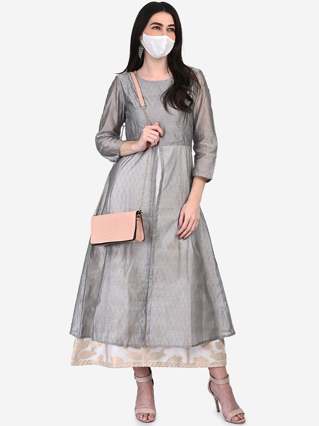 Be Indi Grey & White Floral Layered Ethnic Maxi Dress
