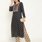 BeIndi Women's Navy Foil Printed Yoke Design Kurta With Thread & Zari Embroidered Yoke And Pant