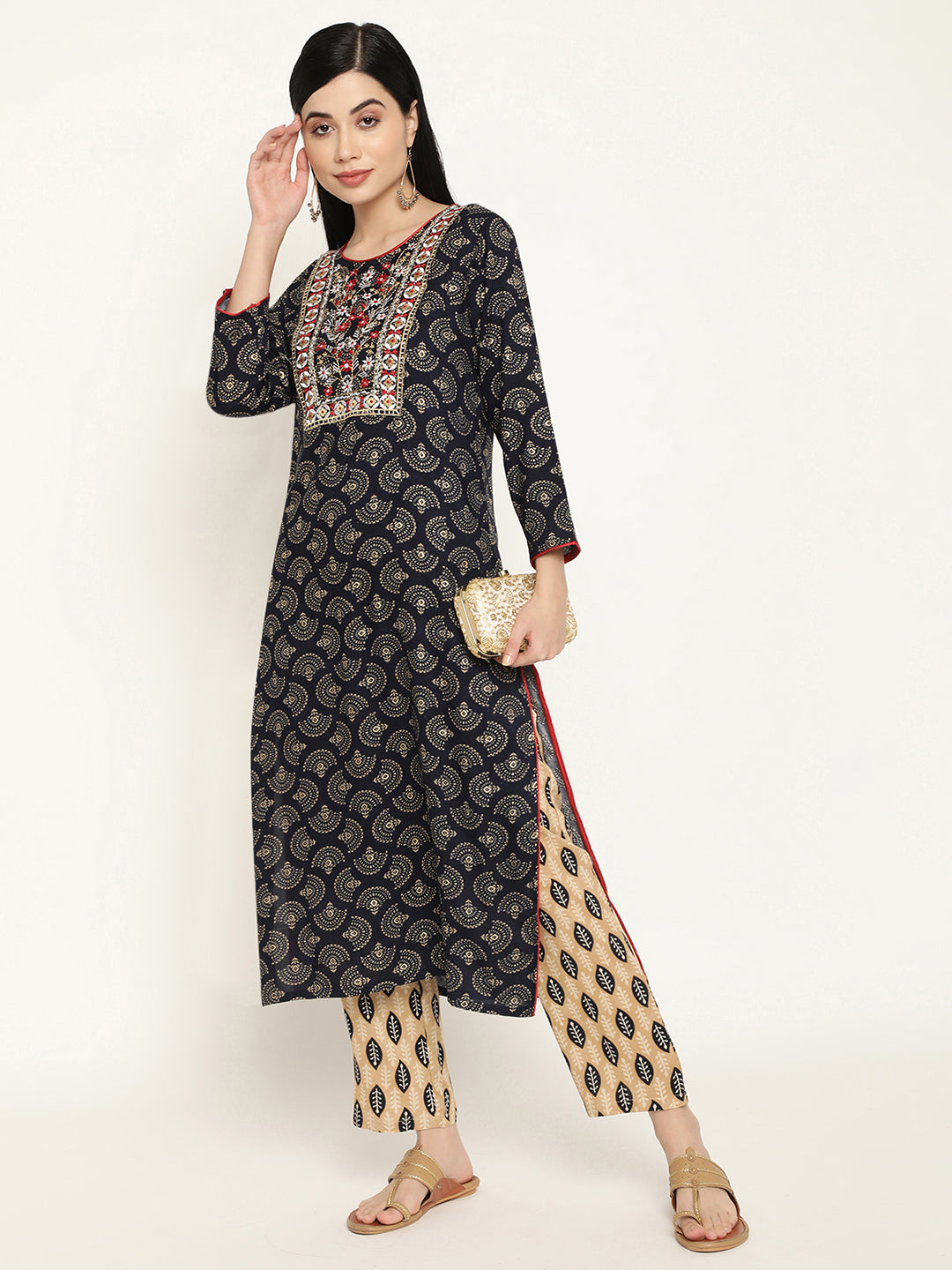 BeIndi Women's Navy Foil Printed Yoke Design Kurta With Thread & Zari Embroidered Yoke And Pant