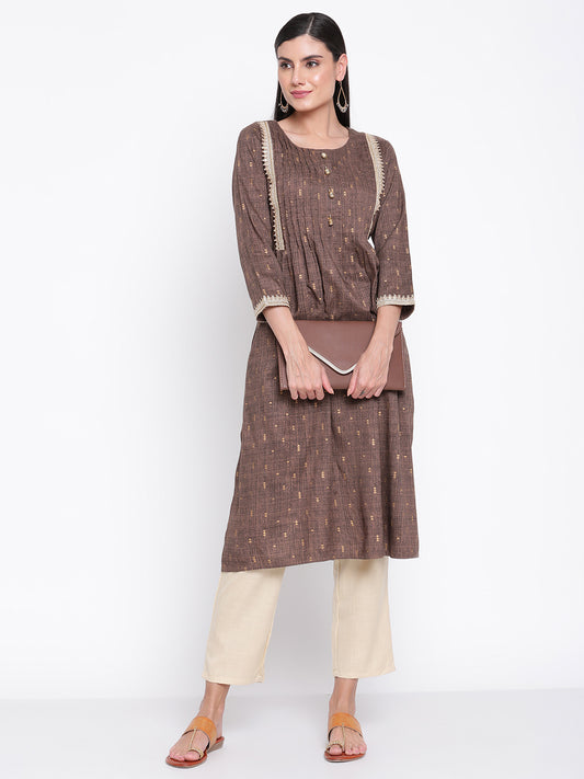 Be Indi Women Foil Printed Brown Pintuck Kurta With Fancy Buttons And Lace Detailing