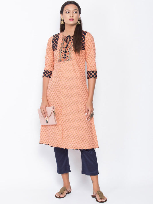 Be Indi Women Peach-Coloured & Black Printed A-Line Kurta