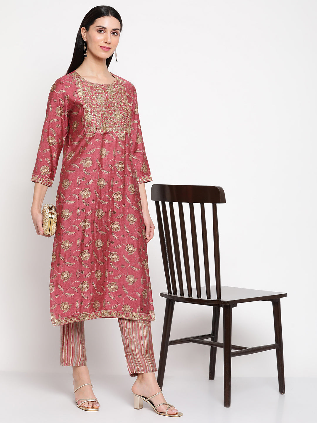 Be Indi Womens Pink  Sequence Embroidered kurta with Striped Trouser .