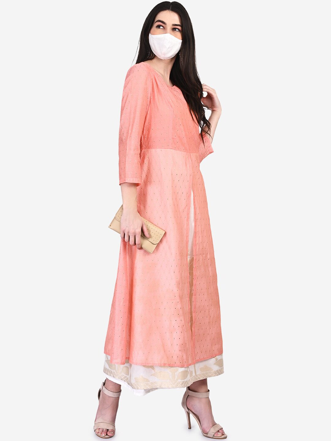Be Indi Women Pink Self Design Fit and Flare Dress
