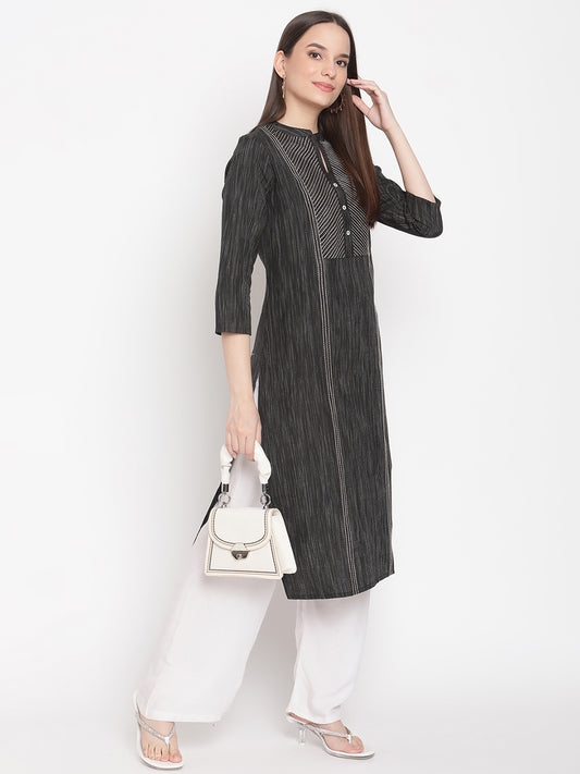 Be Indi Women Charcoal & White Yoke Design Thread Work Khadi Kurta