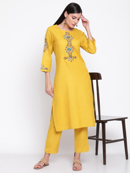 Be Indi Women Mustard Yellow Embroidered Thread Work Kurta with Trousers
