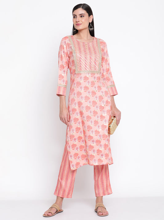 Be Indi Women Peach-Coloured Floral Printed Gotta Patti Kurta with Trousers