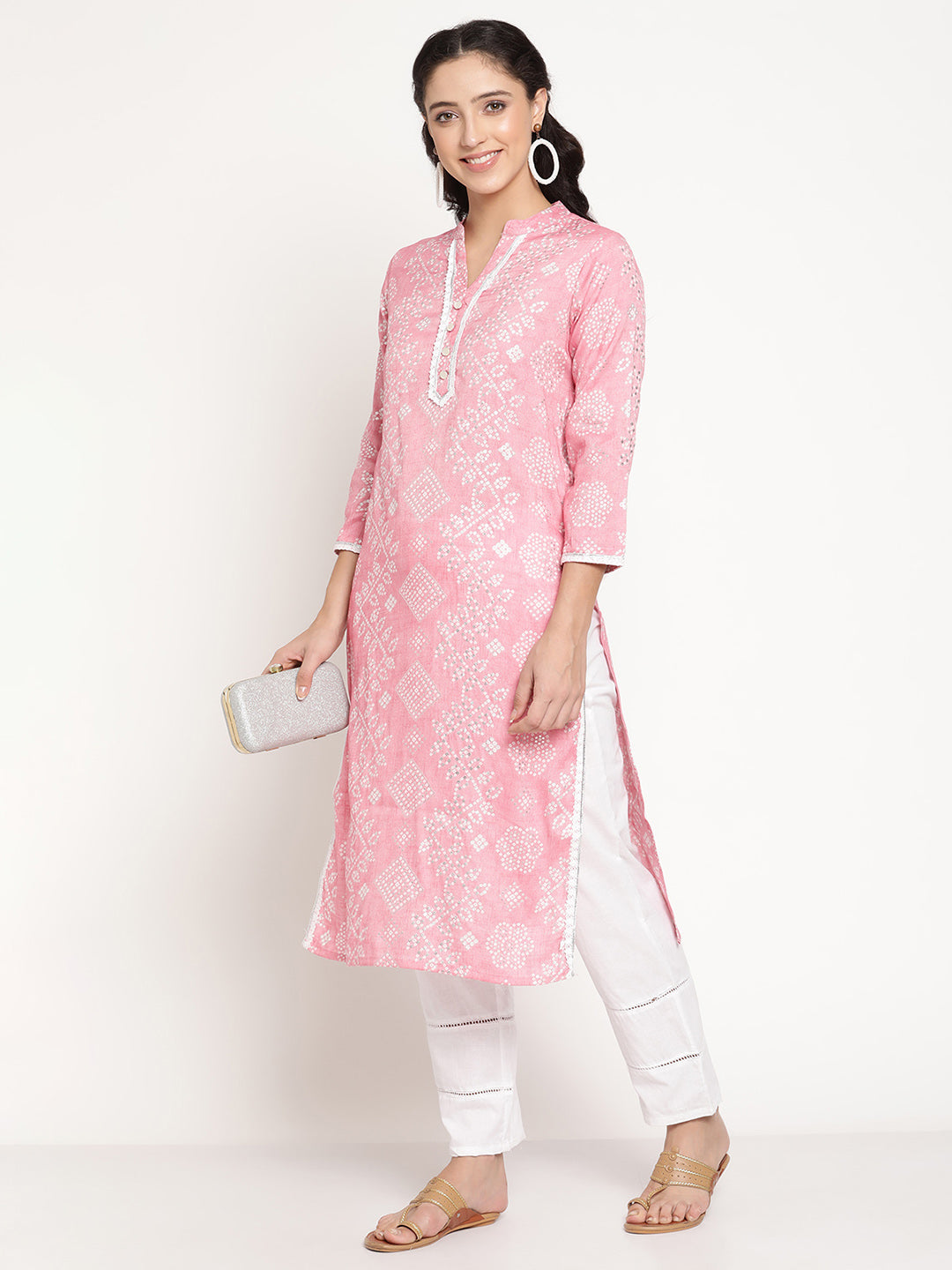 Be Indi Women Pink Silver Printed Crochet Lace And Fancy Button And GottaPatti Detailing Kurta