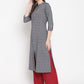 Be Indi Women Grey Striped Thread Work Khadi Kurta