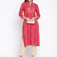 Be Indi Women Fuchsia  Bandhini Printed Mandarin Collar, Yoke  Kurta