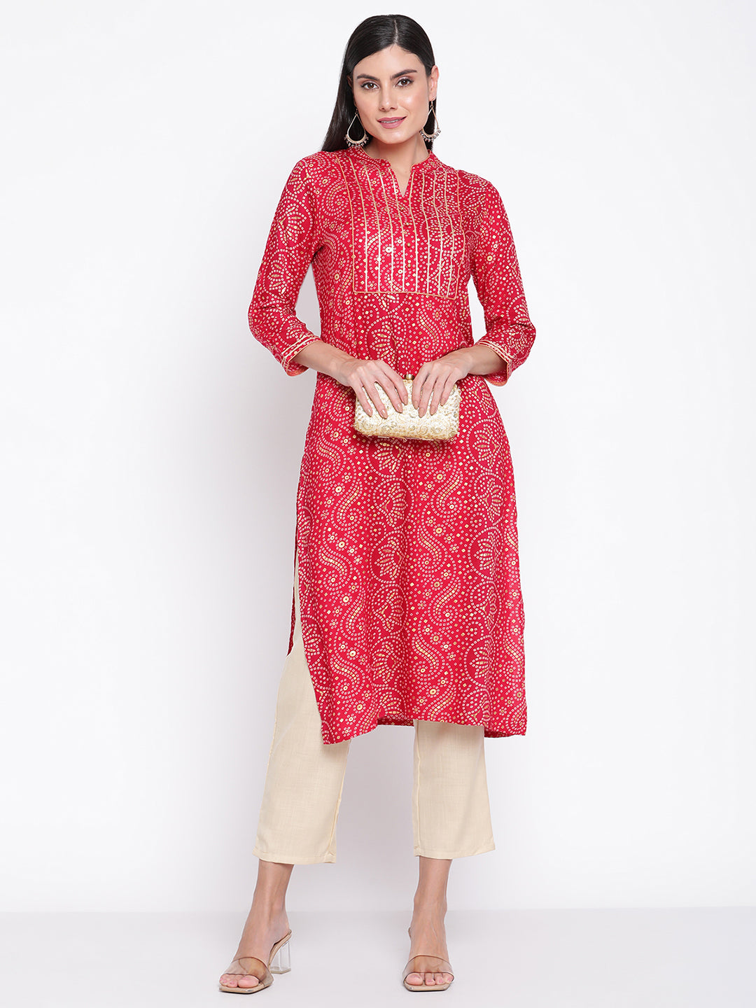 Be Indi Women Fuchsia  Bandhini Printed Mandarin Collar, Yoke  Kurta