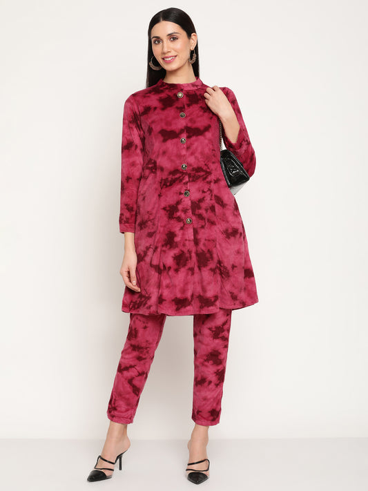 Be Indi Women Velvet tie and dye Printed A-Line  Kurta With Pant .