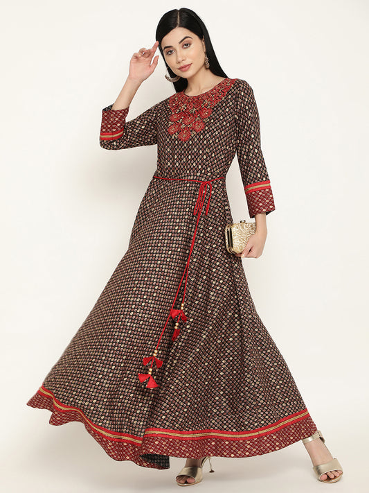 BeIndi Women's Green Foil Printed Dress With Delicate Embroidery And  Dori Tassels Detailing.