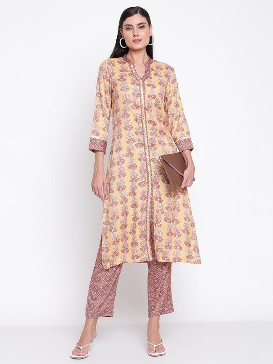 Be Indi Women Yellow & Brown Printed Mirror Work Straight Kurta with Trousers