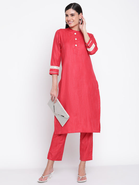 Be Indi Women Red Solid Mandarin Collar  Pure Cotton Kurta with Trousers