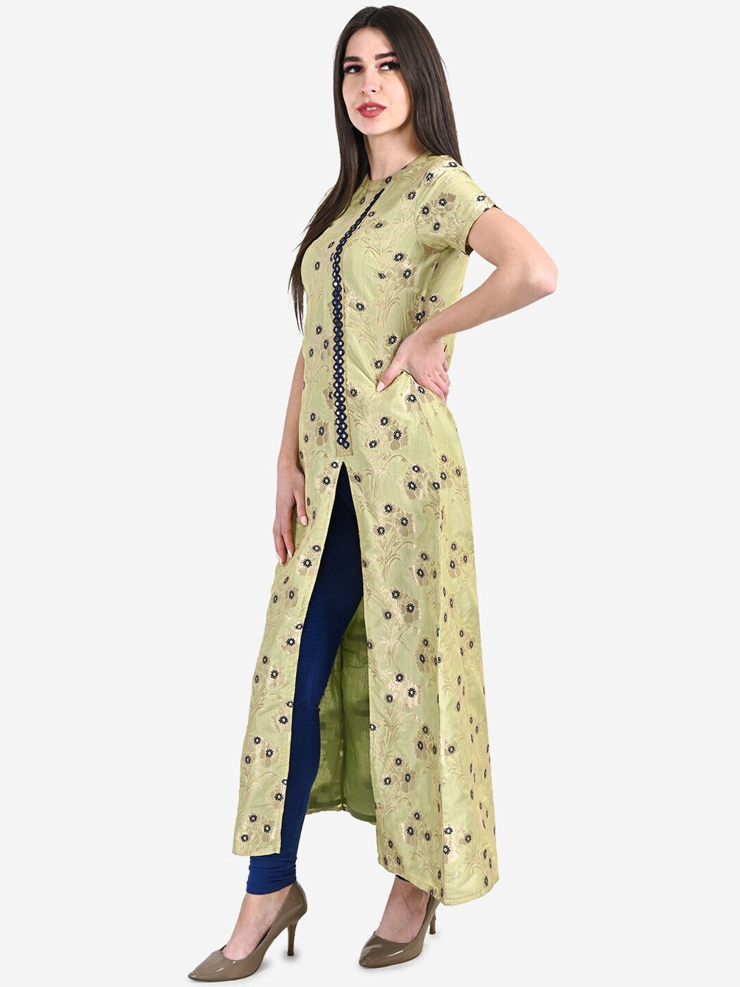 Be Indi Women Olive Green Mirror  Embroidered Jacquard Maxi Dress