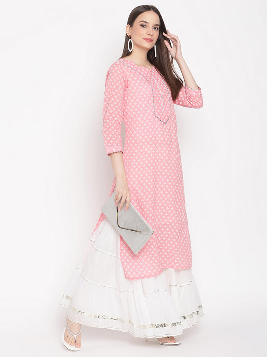 Be Indi Women Pink Bandhani Regular Gotta Patti Pure Cotton Kurti with Skirt