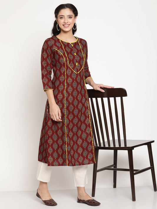 Be Indi Women Maroon Printed Princess Line With Yellow Color Cotton Lace And Fabric Detailing Kurta