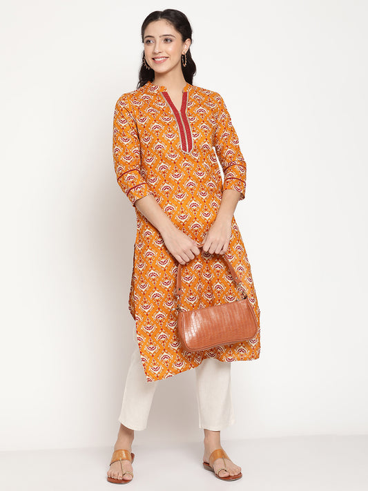 Be Indi Women Mustard & Red Printed Cotton Straight Kurta
