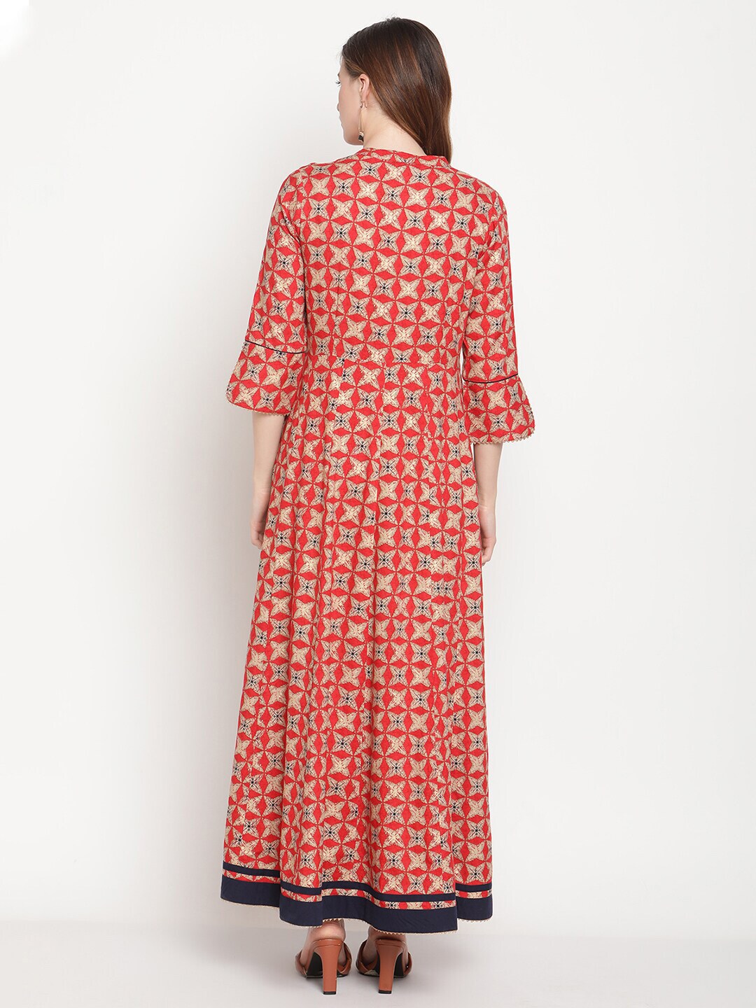 Be Indi Women Red Navy Printed With Contrast Embroidered And Trim Detailing Maxi Dress